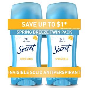 lot 12273 image: Secret Antiperspirant and Deodorant for Women, 24hr Sweat & Odor Protection, PH Balanced Protection, Gentle on Skin, Invisible Solid, Spring Breeze Scent, 2.6 oz (Pack of 2)