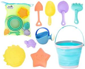 lot 2431 image: Dejaroo - Beach Toys, Sand Box Toys for Kids Outdoor, Set of Sand Toys with Silicone Collapsible Bucket, Kids Watering Can, Shovels, & A Variety of Molds, Includes Storage Pouch, 9-Piece Set