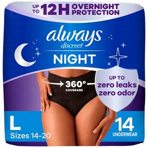 lot 2435 image: Always Discreet Adult Incontinence Overnight Underwear for Women, Large, Up to 100% Bladder Leak Protection, 14 Count