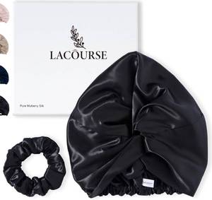 lot 2441 image: LaCourse Genuine 22Momme 100% Mulberry Silk Bonnet for Sleeping Women, Double-Layered Silk Hair Wrap with Premium Elastic Stay on Head. One Size, Black