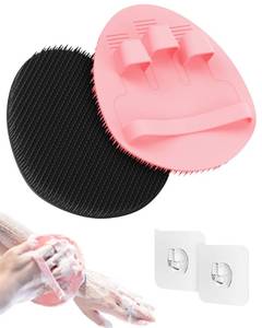 lot 2448 image: Manmihealth Soft Silicone Shower Brush, Super-Lathering and Deep-Cleaning Body & Face Scrubber, Gentle Exfoliating Bath Glove for All Skin Types, with 2 Free Hooks.(Black  Pink)
