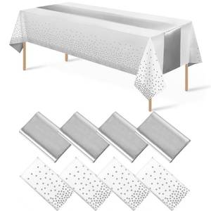 lot 6177 image: 8Pack Disposable Plastic Tablecloths and Satin Table Runner Set White and Silver Dot Tablecloth Silver Satin Table Runner for Wedding Birthday Baby Shower Anniversary Christmas New Year Party Supplies