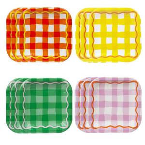 lot 6181 image: Talking Tables Gingham Square Disposable Strong Party Plates Colourful Paper Tableware for Easter, Birthday Party Food, Picnic, Summer Orange, Yellow, Green and Lilax - 12 Pack