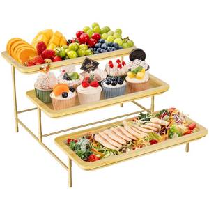 lot 1381 image: Lifewit 3 Tier Bamboo Serving Tray for Party Supplies, 14 x 6.5 Platters for Serving Food, Reusable Trays with Gold Metal Display Stand for Veggie, Fruit, Cookies, Dessert