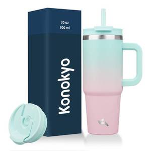 lot 1389 image: Konokyo 30 oz Tumbler with Handle and 2 Straws,2 in 1 Lid Insulated Water Bottle Stainless Steel Travel Coffee Mug,Gum