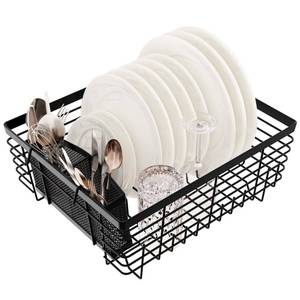 lot 1392 image: TQVAI Kitchen Dish Drying Rack Metal Dish Drainer with Full-Mesh Silverware Utensils Basket Holder, Black
