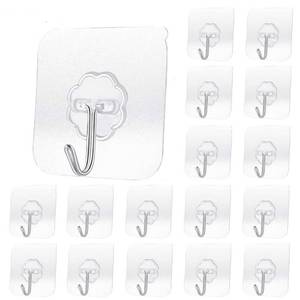 lot 12280 image: Alayaglory 20 Pack Transparent Adhesive Hooks 30 lb(Max), Waterproof and Oilproof Reusable Seamless Hooks, Heavy Duty Wall Hook for Kitchen Bathroom Office