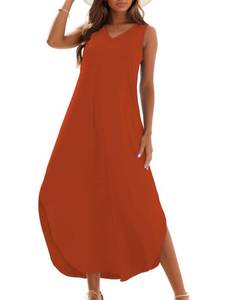 lot 12286 image: Zilcremo Womens Summer Casual Loose Sundress Long Dress Sleeveless V Neck Split Tshirt Maxi Dresses Orange S