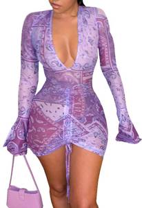 lot 12294 image: Womens Sheer Mesh Cover Ups Long Sleeve Bodycon Ruched Beach Dress for Swimwear