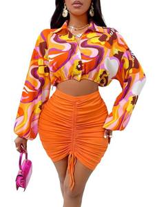 lot 12309 image: Womens Two Piece Short Skirt Sets Long Sleeve Crop Tops Stretchy Drawstring Sexy Going Out Party Set Outfits MS88 Orange M