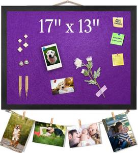 lot 12316 image: Origreen Bulletin Board Cork Boards with Felt, 17x13 Small Display Pin Board Vision Board for Walls, Jewelry, Notes, Collection, Photos, Office, Wood Framed(Black) & Felt(Purple), 1pc