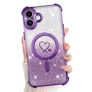 lot 6231 image: KANGHAR for iPhone 16 Case, Support for MagSafe Four Corner Cushion Series Love Heart Pattern Electroplate Edge Shockproof Durable Full Body Protection for Girls Women -Purple
