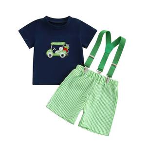 lot 6238 image: Doisbetthsay Toddler Boy Summer Outfits Baby Boy Golf Print Short Sleeves T-Shirt Suspender Shorts Set Infant Boy Clothes Set (Car Green, 2-3T)