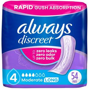 lot 6251 image: Always Discreet Adult Incontinence Pads for Women, Moderate Absorbency, Long Length, Postpartum Pads, 54 Count