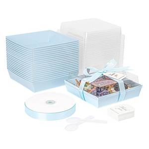 lot 11661 image: DeziWood 7 x 7 x 2.6 Inches Large Charcuterie Boxes with Clear Lids, 50 Pack Disposable Square Kraft Bakery Boxes, To Go Paper Food Container for Cake Slices, Sandwiches, Cookies, Dessert (Blue)