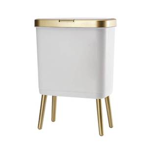lot 11673 image: Procade Bathroom Trash Can with Lid, Plastic Garbage Can with Legs, 4 Gallon Gold Trash Bin with Push Button, Narrow White Trash Can Waste Basket for Bedroom, Living Room,Office, Dog Proof Trash Bin