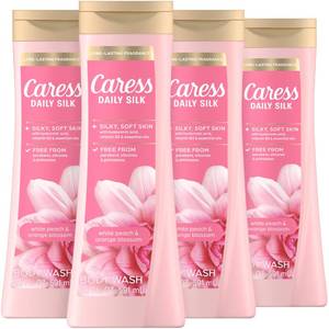 lot 11674 image: Caress Body Wash for Women, Daily Silk White Peach & Orange Blossom, Shower Gel Body Wash Moisturizing for Noticeably Silky, Soft Skin, 20 fl oz, 4 Pack