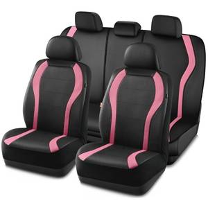 lot 11688 image: PIC AUTO Leather Car Seat Covers, Premium Automotive Waterproof Front & Rear Full Set Bucket Car Seat Protectors, Black and Pink PVC Patchwork, Fits for Cars, Trucks, Van, SUV, Airbag Compatible