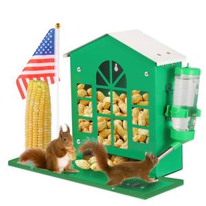lot 11713 image: YOBTEOY Metal Squirrel Feeder for Outside, Hanging Squirrel House for Outdoors with Water Bottle, Flag and Corn Cobs Holder, Peanut Feeder for Chipmunks, Easy to Mount on Trees or Fences