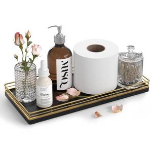 lot 11717 image: Oak Bathroom Toilet Tank Tray, 13 Paper Storage Basket Tray Back of Toilet Basket Organizer, for Perfume Makeup Candle Kitchen Counter Coffee Table Gold Decor