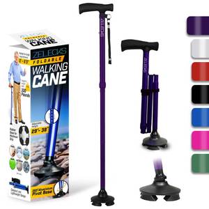lot 11721 image: ZELECKS Walking Cane for Women & Men - Self Standing Adjustable Folding Cane with T Handle and 360 Pivot Base - Lightweight Foldable Walking Stick for Seniors - Collapsible Cane for Walking