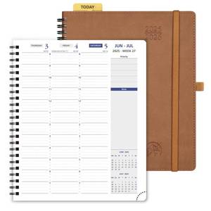 lot 12014 image: POPRUN 2025-2026 Weekly Planner 7.25 x 8.25Academic Spiral Appointment Book (July 2025-June 2026) with Quarter-Hourly Schedule, Monthly Tabs, Leather Softcover, Inner Pocket - Brown