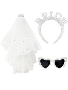 lot 12034 image: Koeilay Pearl Bride Headband with Veil Heart Shaped Pearl Sunglasses for Bachelorette Party Decorations Bride Accessories Bridal Shower Gift