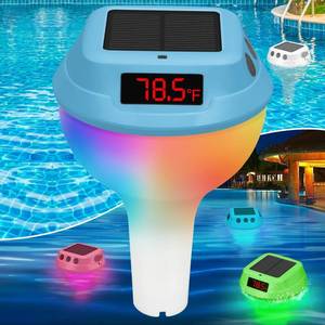 lot 12040 image: Vangue Premium Digital Pool Thermometer Floating Easy Read, Large Solar Panel and LED Screen, IP68 Waterproof with RGB Light, Timer and Memory Function for Swimming Pool, Hot Tub, Bath, Pond, Aquarium