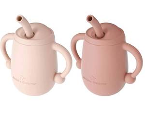 lot 2472 image: Cuddle Campus Pack of 2 Silicone Baby Training Cup, Shatterproof Toddler Sippy Cups with Straw, Open Cup for Baby, 6 Months 4 Oz