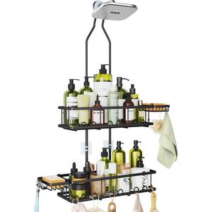 lot 2489 image: Skyapex Shower Caddy Hanging Adjustable Height Organizer for Over Showerhead - Black Rustproof Shower Shelves with Hooks & 2 Soap Holders