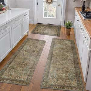 lot 5297 image: GENIMO Kitchen Mats for Floor Set of 3 Non-Slip Washable, Waterproof Lightweight Kitchen Rugs, Kitchen Floor Mat Runner Rug Carpet for Laundry, Sink, Entryway, Hallway, Bathroom, Brown Green