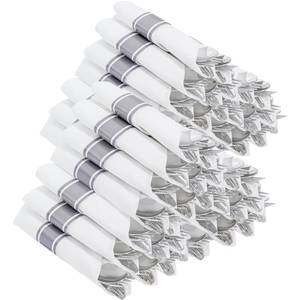 lot 5298 image: Joyido 100 Guests Wrapped Silver Plastic Silverware Sets - Heavy Duty Plastic Silverware Include Pre Rolled Disposable Utensils with Napkins for Parties & Dinners & Weddings