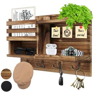 lot 5299 image: DWEHSHIELD Key Holder Wall Mount with Mail Organizer - Solid Wood Wall Mount Key Rack (8 Hooks)  Self-AdhesiveDrill Install  Entryway Shelf for Keys, Sunglasses & Home Organization - (Brown)