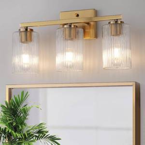 lot 5309 image: huong son 3 Light Brushed Gold Bathroom Vanity Light Over Mirror, Modern Vanity Lighting with Texture Glass Shade, Wall Mount Bathroom Light Fixtures, E26 Base