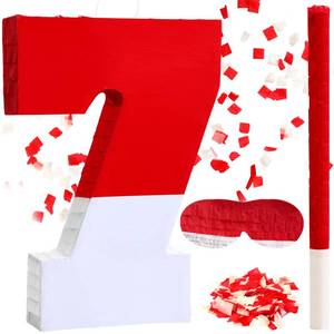lot 5312 image: Poen Number 7 Pi�ata with Batting Stick Eye Mask and Confetti Red and White Pi�ata for Kids Boys Girls Birthday Anniversary Celebration Decorations Party Supplies, 16 x 11 x 2.8 Inches