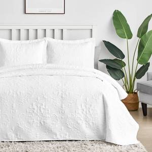 lot 5342 image: Hansleep White Quilt King Size - Damask Ultrasonic All Season Bedspread King, Soft Lightweight Coverlet Bedding Set, 3 Piece (1 Quilt, 2 Pillow Shams)