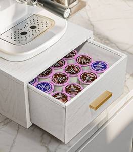 lot 5365 image: Wooden K Cup Organizer 60 pcs Heavy Duty Coffee Pod Storage Box Mini Fridge Stand Holder with Drawer for Beverage and Snack Coffee Maker Machine Stand White