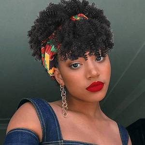 lot 6039 image: Aisaide Headband Wrap Wig for Black Women - Synthetic Short Afro Kinky Curly Black With Bangs, Scarf 2 in 1 Afro Headwrap With Headband Attached, Dark Brown High Puff Ponytail