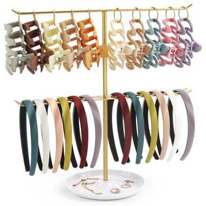 lot 6083 image: AOFLLU Metal Headband Holder Organizer, 2-Tier Headband Storage with Tray, Hairband Display Stand with 10 Golden Rings, Hair Accessories Claw Clip Organizer for Women and Girls