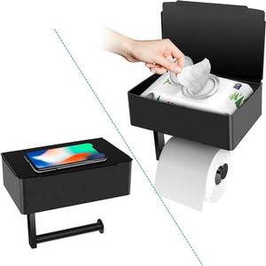 lot 6111 image: BOSOEI Toilet Paper Holder with Storage, Shelf of Bathroom Toilet Tissue Holder, Toilet Paper Roll Holder, Black Stainless Steel Wall Mount, No Installation & Flushable Wet Wipes Storage
