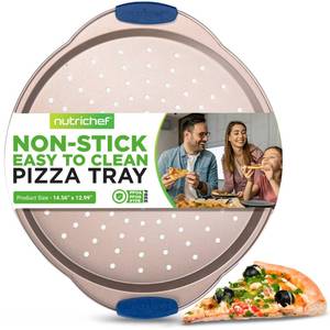 lot 6141 image: NutriChef 13-Inch Non-Stick Pizza Tray - with Silicone Handle, Round Steel Non-stick Pan with Perforated Holes, Premium Bakeware, Pizza Tray with Extended Handles, Dishwasher Safe - Champagne Gold