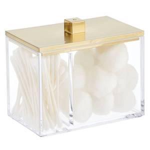 lot 6159 image: mDesign Modern Square Bathroom Vanity Countertop Storage Organizer Canister Jar for Cotton Swabs, Rounds, Balls, Makeup Sponges, Bath Salts - 2 Divided Sections - ClearSoft Brass