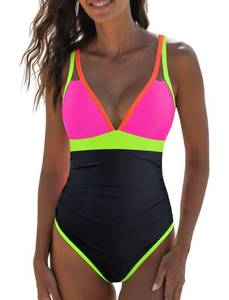 lot 6166 image: popvil Womens One Piece Neon Color Block 2025 Swimsuits Tummy Control Swimwear Deep V Neck Slimming Bathing Suit size medium