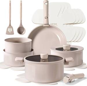 lot 1429 image: CAROTE 15pcs Ceramic Cookware Set, Pots and Pans Set Non Stick, Induction Kitchen Casserole Sets, Non Stick RV Set with Detachable Handle, DishwasherOven Safe, Taupe