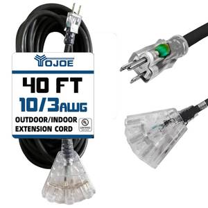 lot 1431 image: YOJOE 3-Outlets Indoor Outdoor Extension Cord with Lighted End, 3 Prong 15A Weatherproof Power Cord, 10 Gauge Heavy Duty 40 ft Black Extension Cord Multiple Outlets, 103 SJTW UL Listed