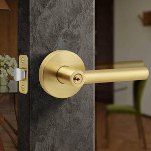 lot 1432 image: Moquin Brushed Gold Heavy Duty Round Design Door Lever, Keyed Entry Door Handle in Gold, Reversible Door Lock for Front Entrance Door, Satin Brass Finish