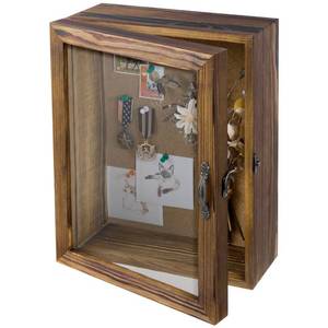 lot 1439 image: MyGift 11x14 Deep Shadow Box Frame with Cork Board Backing and Acrylic Paneled Cursive Hinged Door, Rustic Burnt Wood Wall Mounted Shadow Box Display Case Cabinet