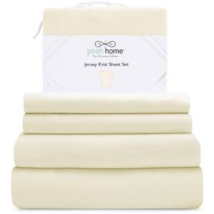 lot 1445 image: Posh Home Jersey Knit Sheet Set  3-Piece Jersey Bed Sheets  T-Shirt Breathable &amp Soft Cotton Jersey Sheets - Includes Flat Sheet, Jersey Fitted Sheet, &amp 1 Pillowcase - Twin XL Jersey Sheets, Cream