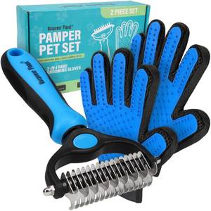 lot 2031 image: Maxpower Planet Pet Grooming Brush and 2X Grooming Gloves Combo - Double Sided Dematting, Deshedding Undercoat Rake for Dogs and Cats - Reduce Shedding Easily - Blue