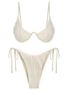 lot 2044 image: ZAFUL Bikini Set for Women Back Clasp Ribbed Two Piece Swimsuit Cute High Leg Triangle Bathing Suit Beige XS